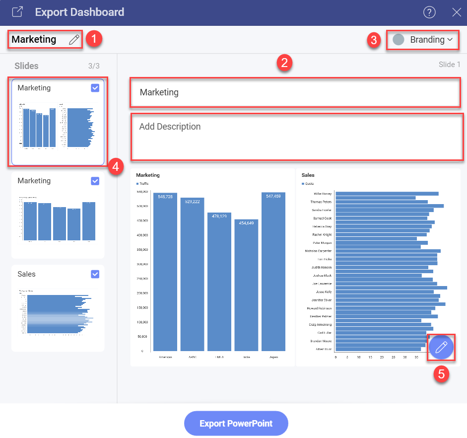 Settings for PowerPoint presentation in the Export Dashboard menu