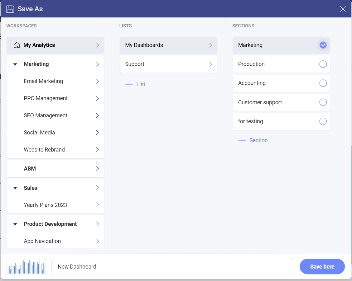 Save as dialog while creating dashboards