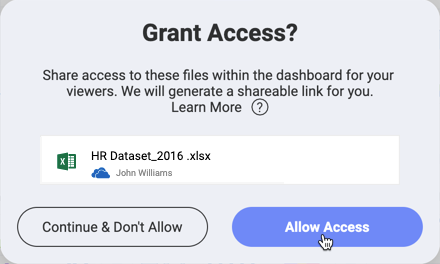 A dialog to grant access to cloud file data sources