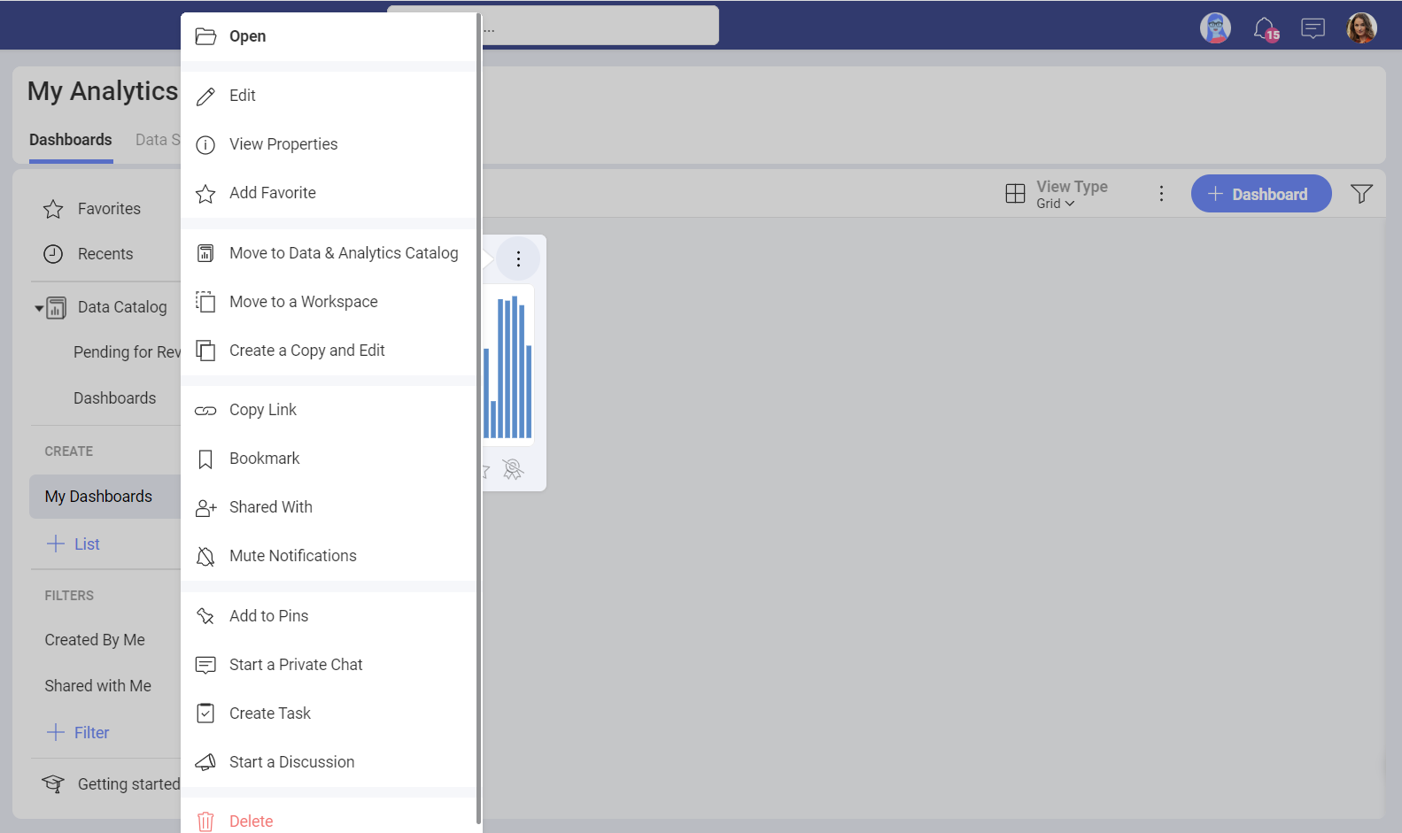 Accessing the sharing dialog of a dashboard