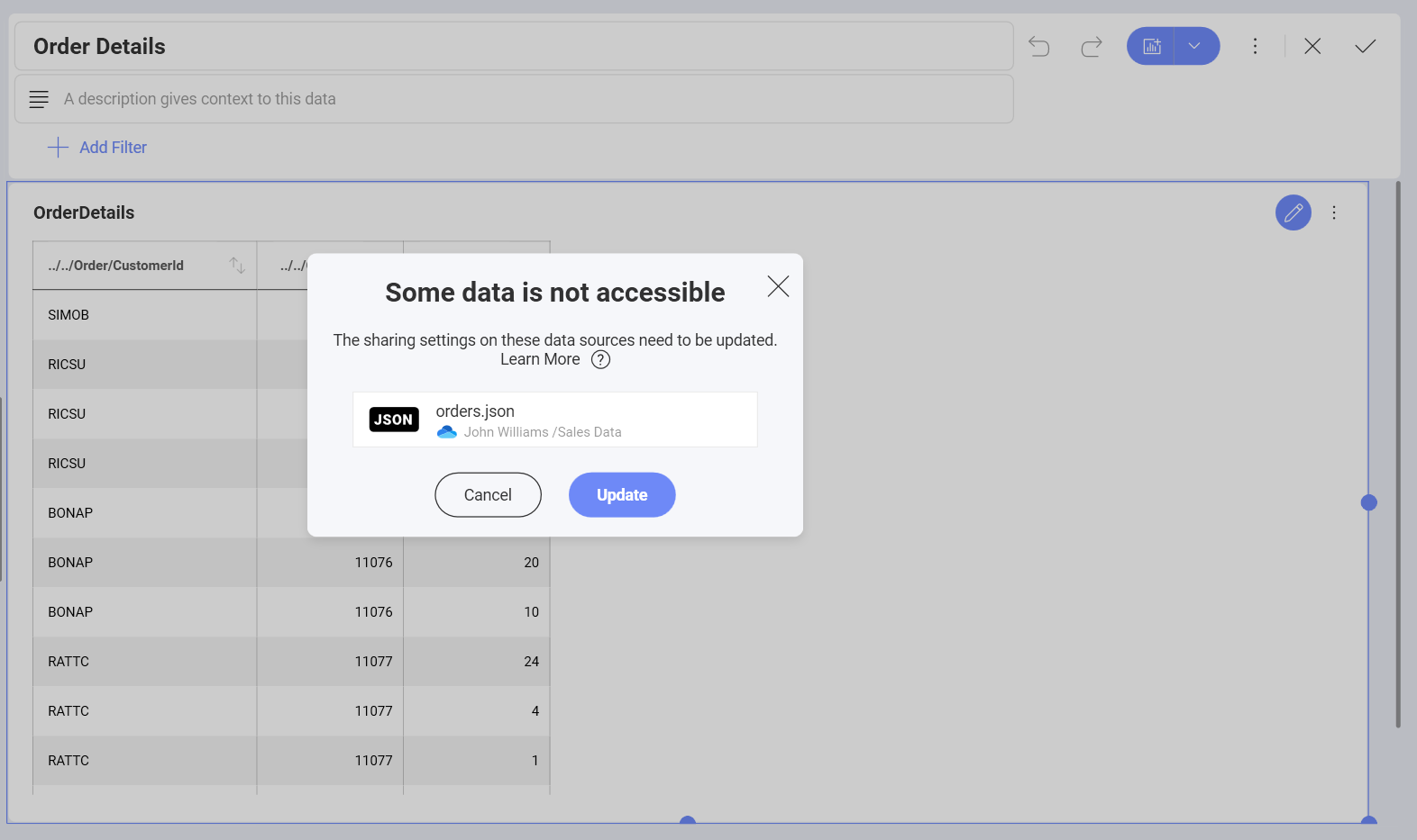 Dialog where you can change the sharing settings for the data source