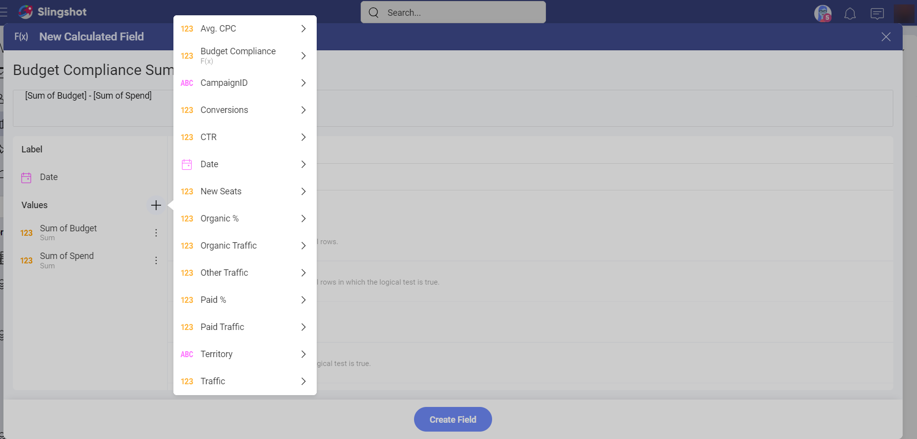 Adding fields in the calculated field screen