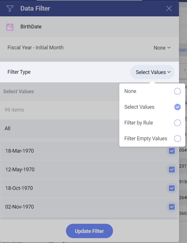 Select Values option in the list of filter types
