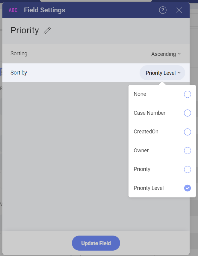 Sorting the information by priority in the sort by field option