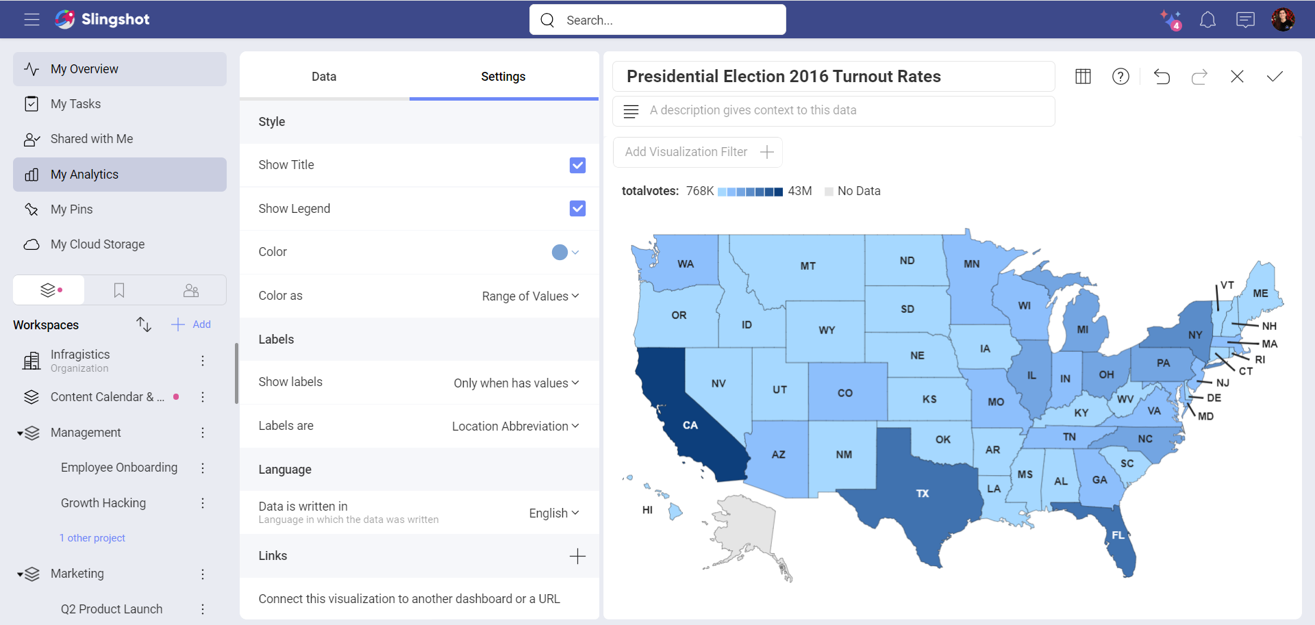 Settings in the Visualization editor of the choropleth map