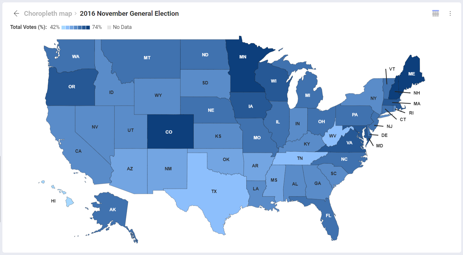 A choropleth map showing 2016 general elections in the US