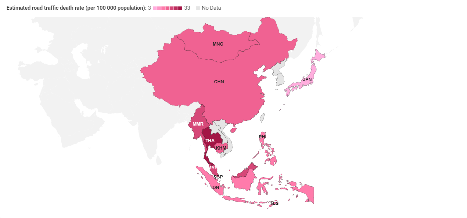 A choropleth map of Eastern Asia showing traffic deaths per 100 000