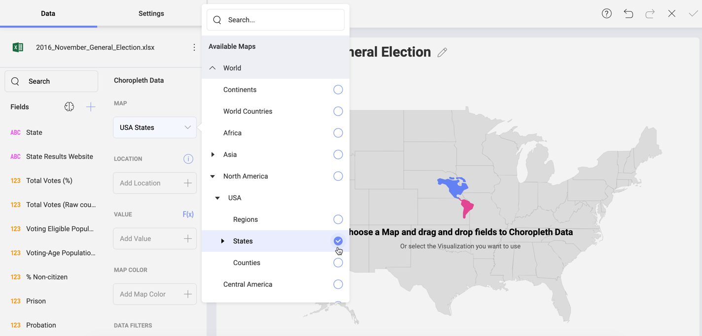 Select choropleth map visualization from the Change Visualization menu in the Visualization editor