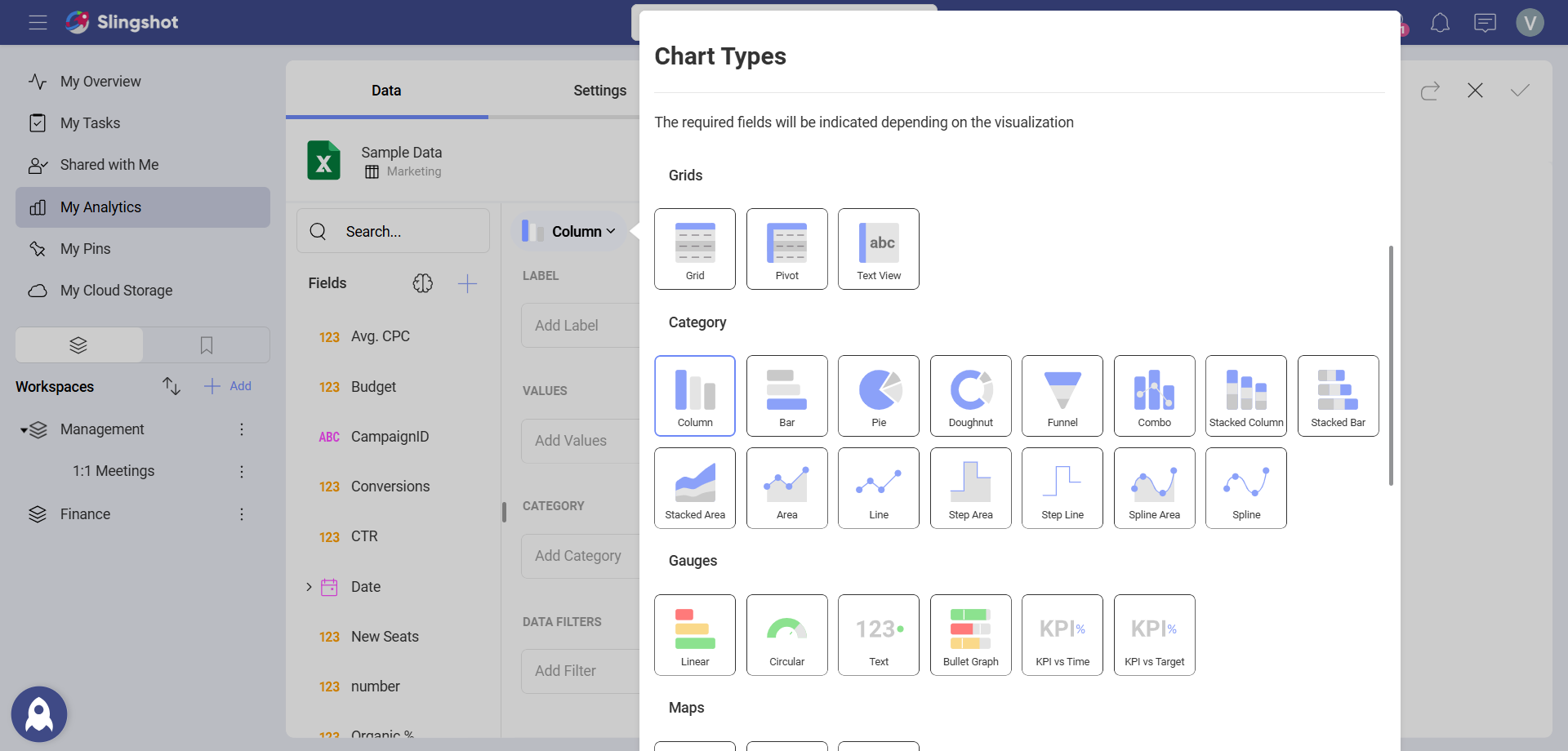 Selecting the Combo Chart visualization in Slingshot