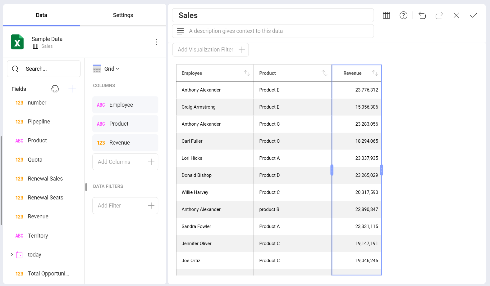 Resizing a column's width in a grid chart