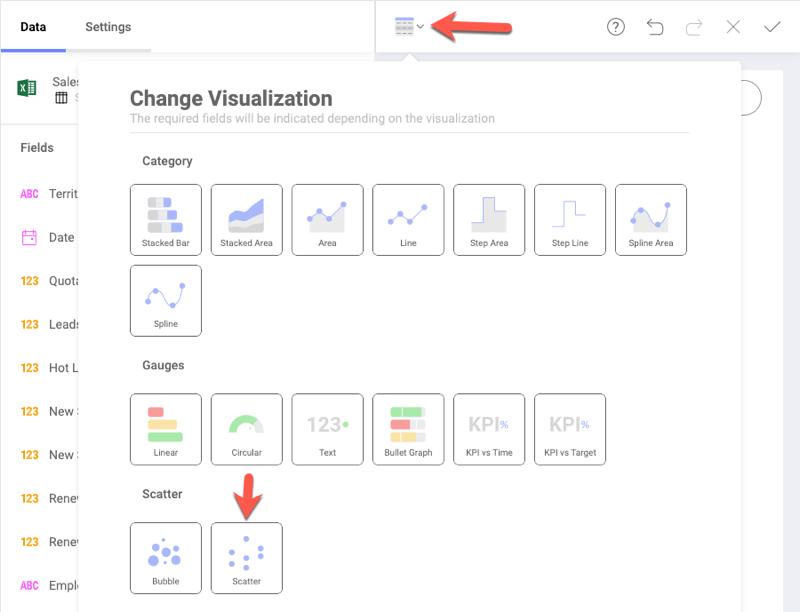 Location of the scatter visualization in the change visualization menu