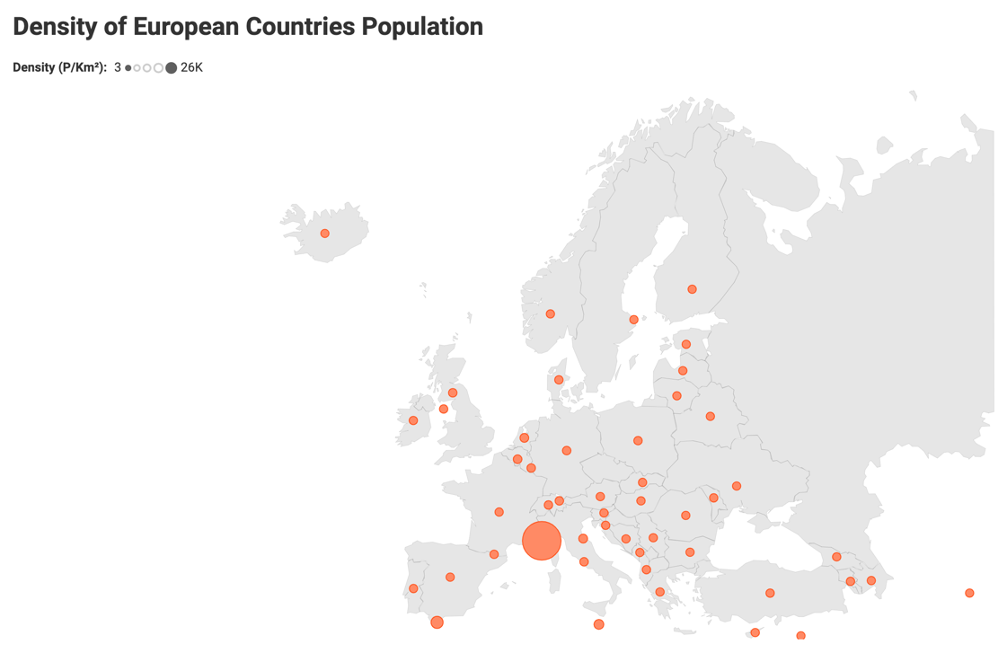Bubble map showing similar density of population in European countries except for Monaco