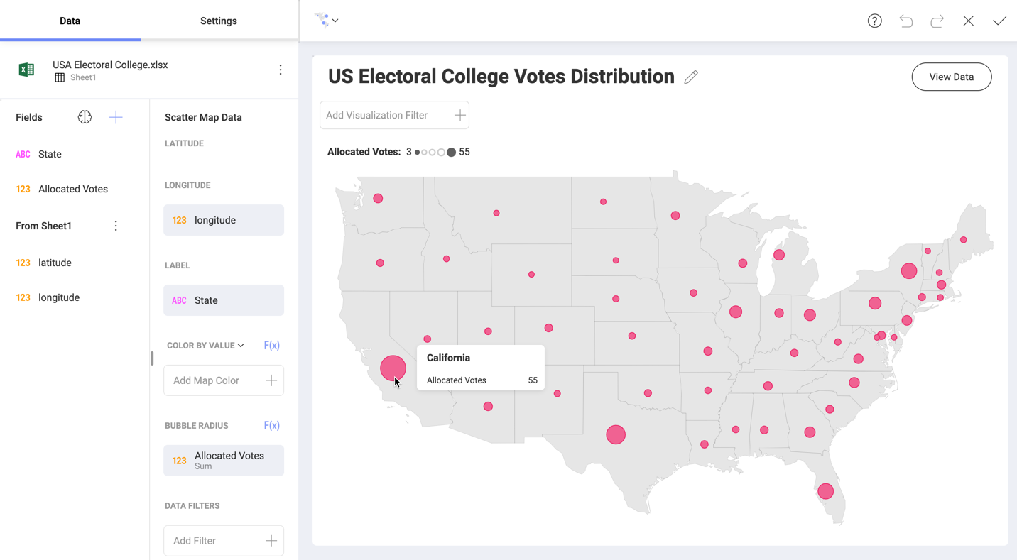 A bubble map showing the electoral college votes distribution across US states