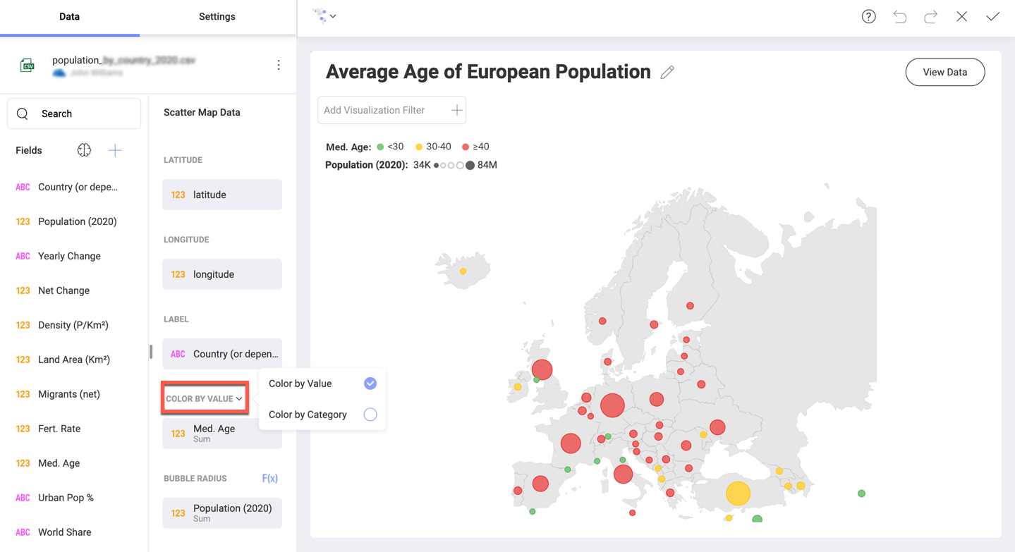 A scatter map showing the average age of Euro Population sized by number and colored using conditional formatting for medium age