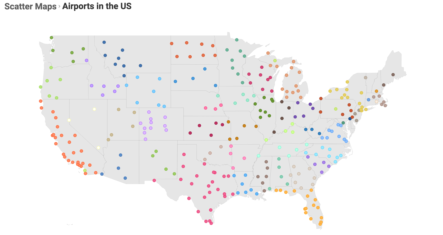 A scatter map showing the distribution of US airports with dots colored by state