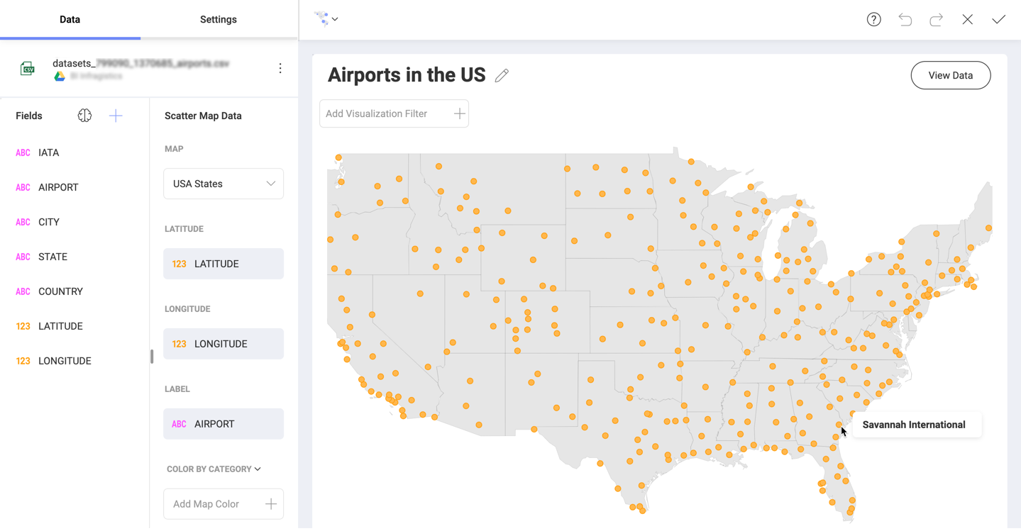 A dot map showing the distribution of airports across the US