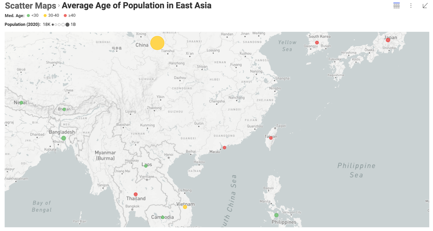 A scatter map showing the average age of Population in East Asia zoomed in and using image tiles