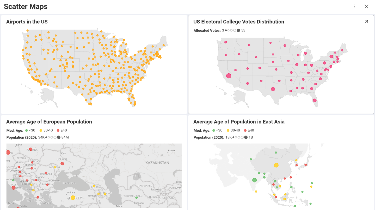 Different scatter maps visualizations in a dashboard