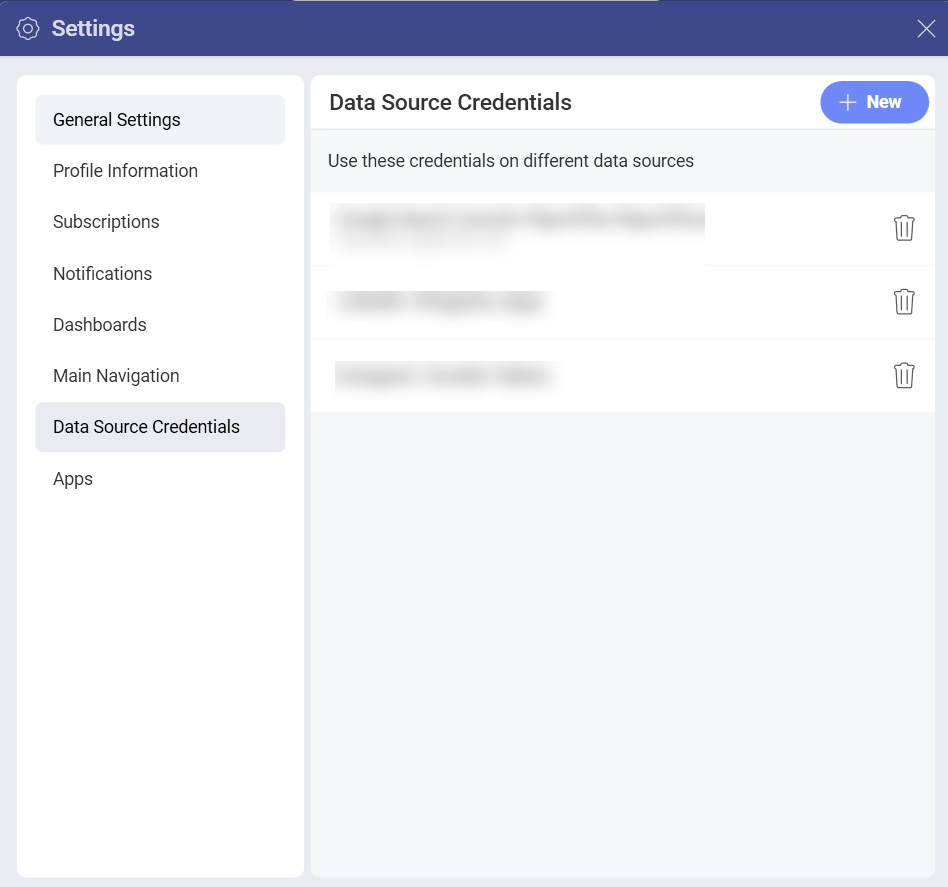 A list of data source credentials in the settings menu