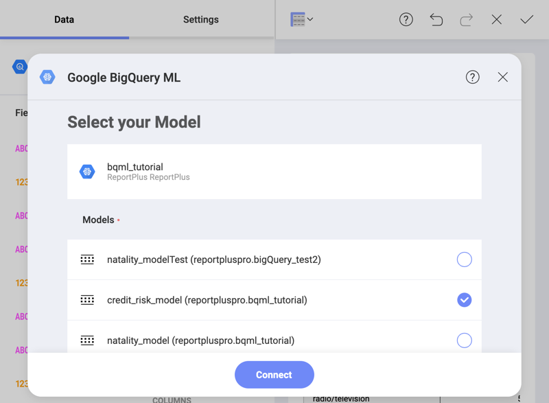 A dialog displaying a list of bigquery machine learning models