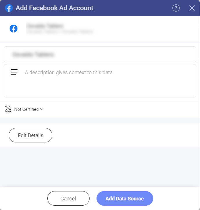 A dialog in which you can add a Facebook Ad account