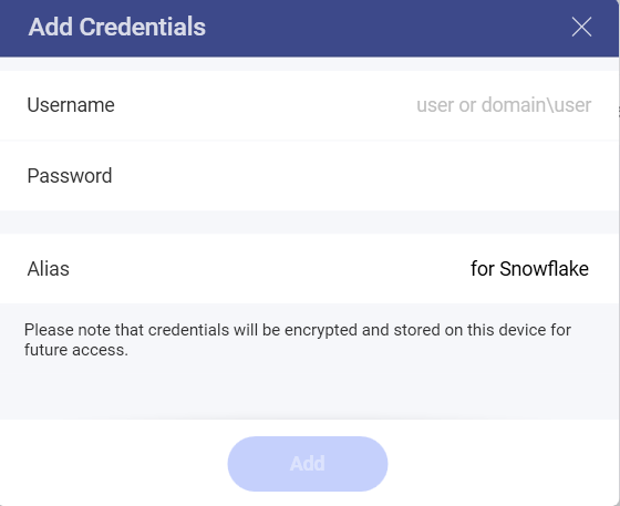 A dialog where you can add your credentials