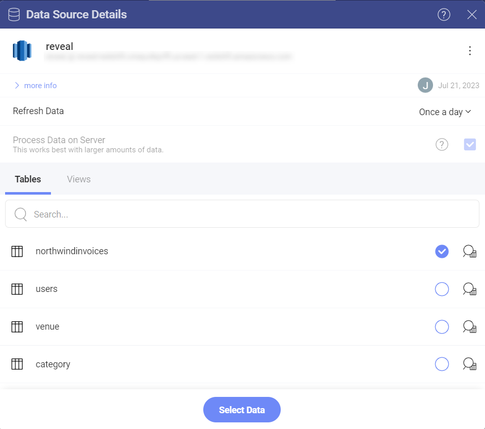 Redshift tables dialog