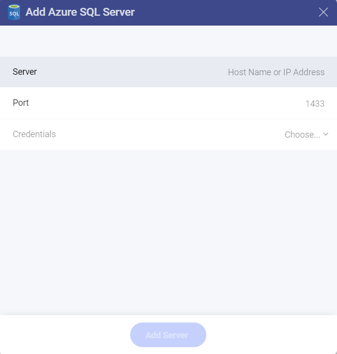 Opening Analytics's AzureSQL data source configuration screen