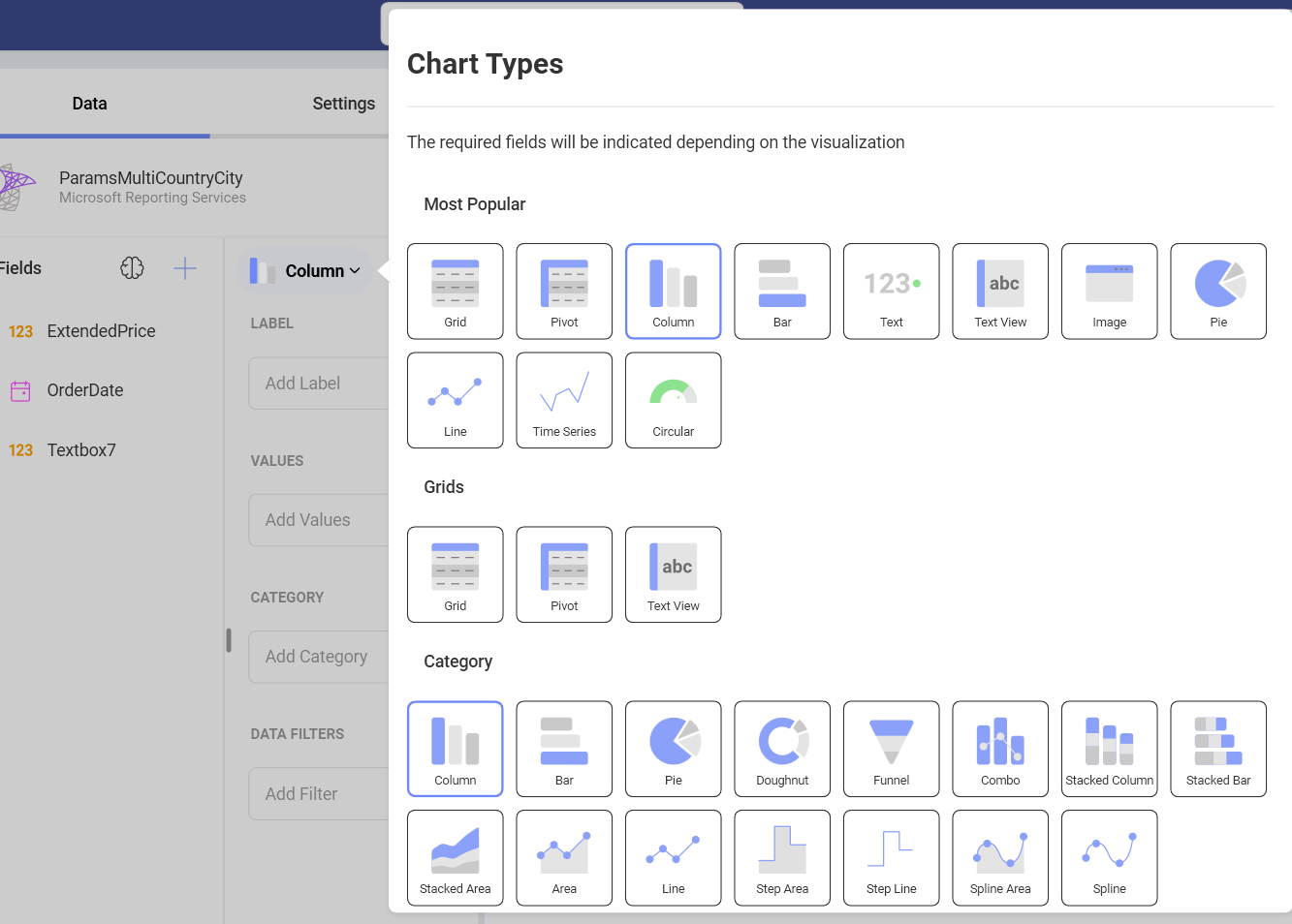 List of chart types available while using Microsoft Reporting Services as data source