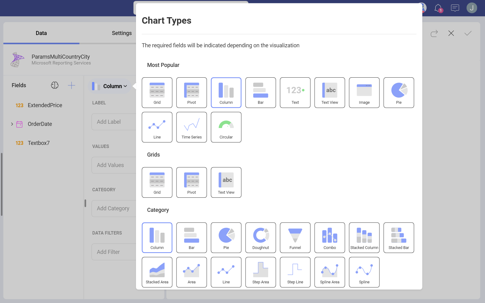 List of chart types available while using Microsoft Reporting Services as data source