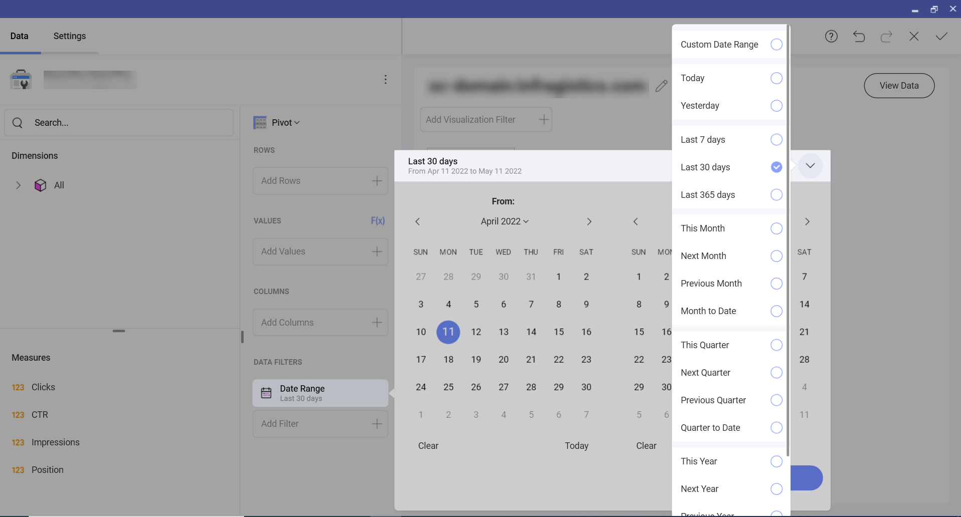 Date range dialog for Google Search Console in the data panel