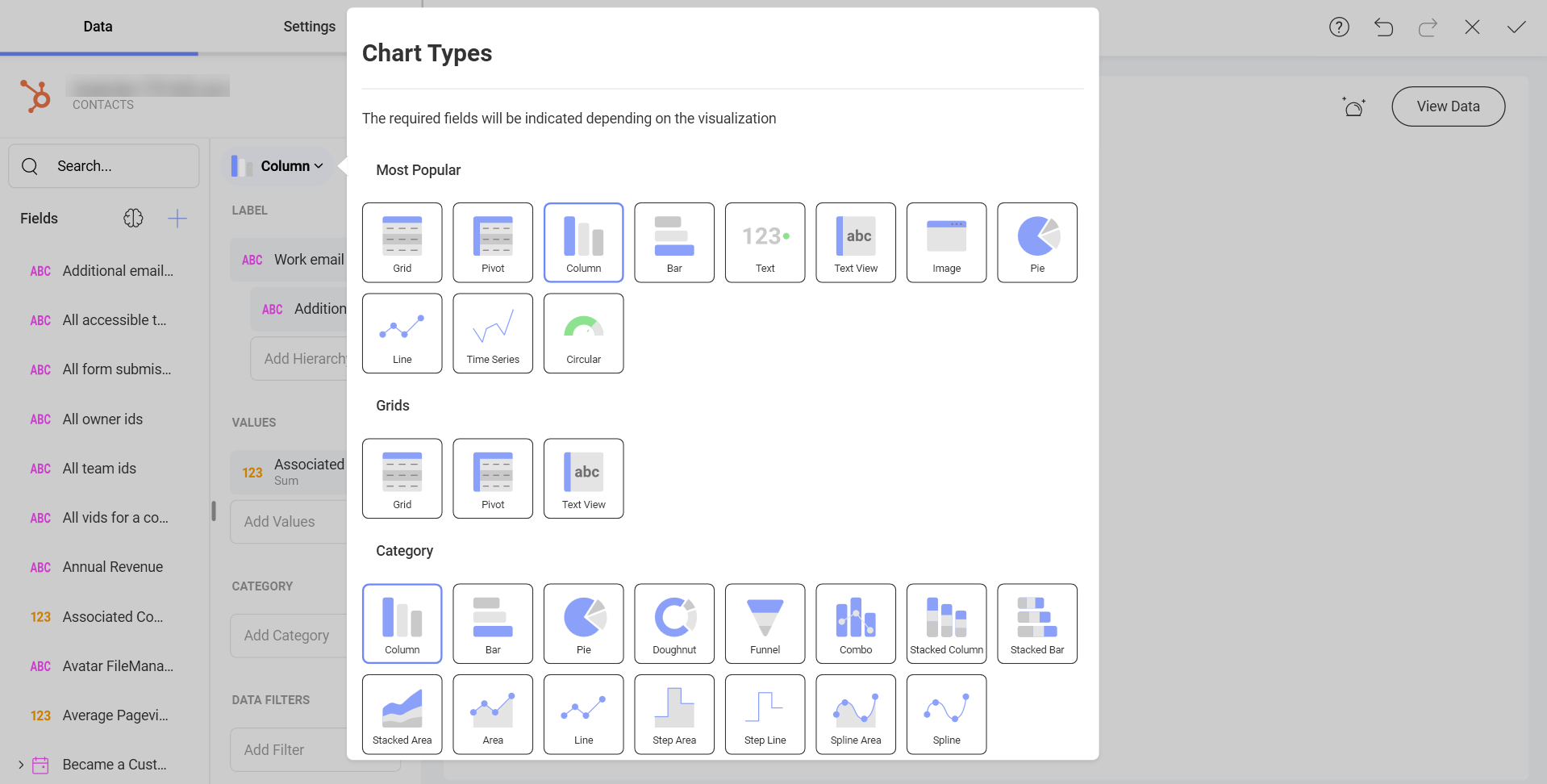 List of chart types while using Hubspot as a data source