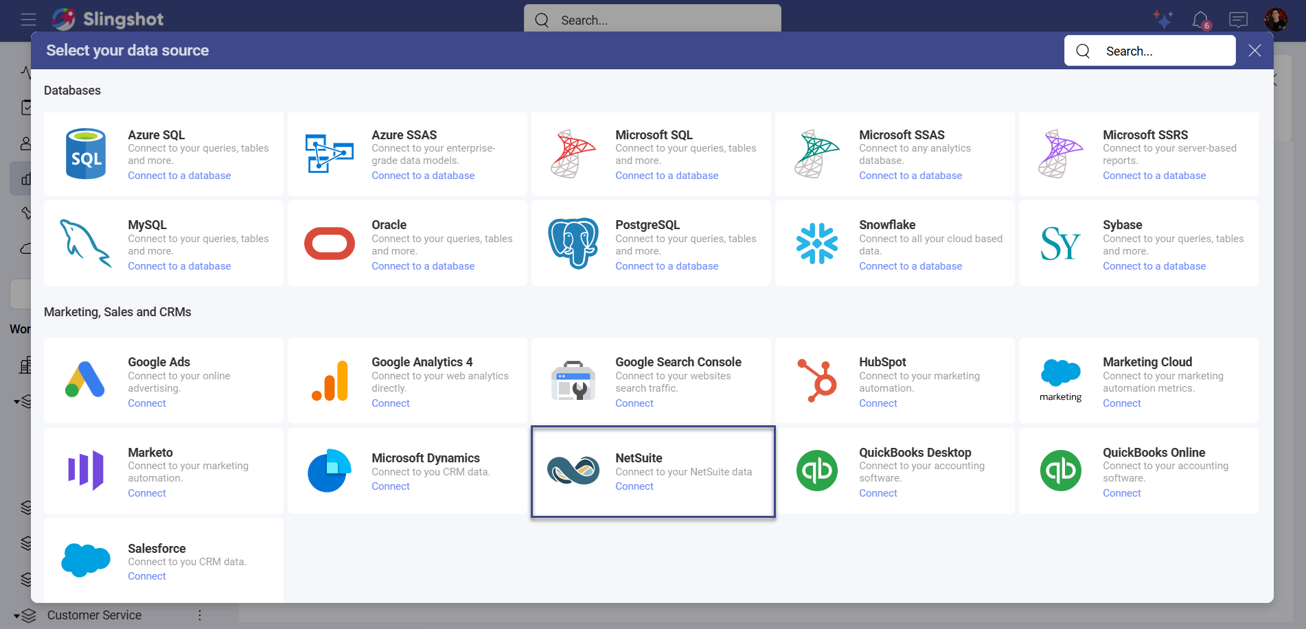 NetSuite in the data sources list