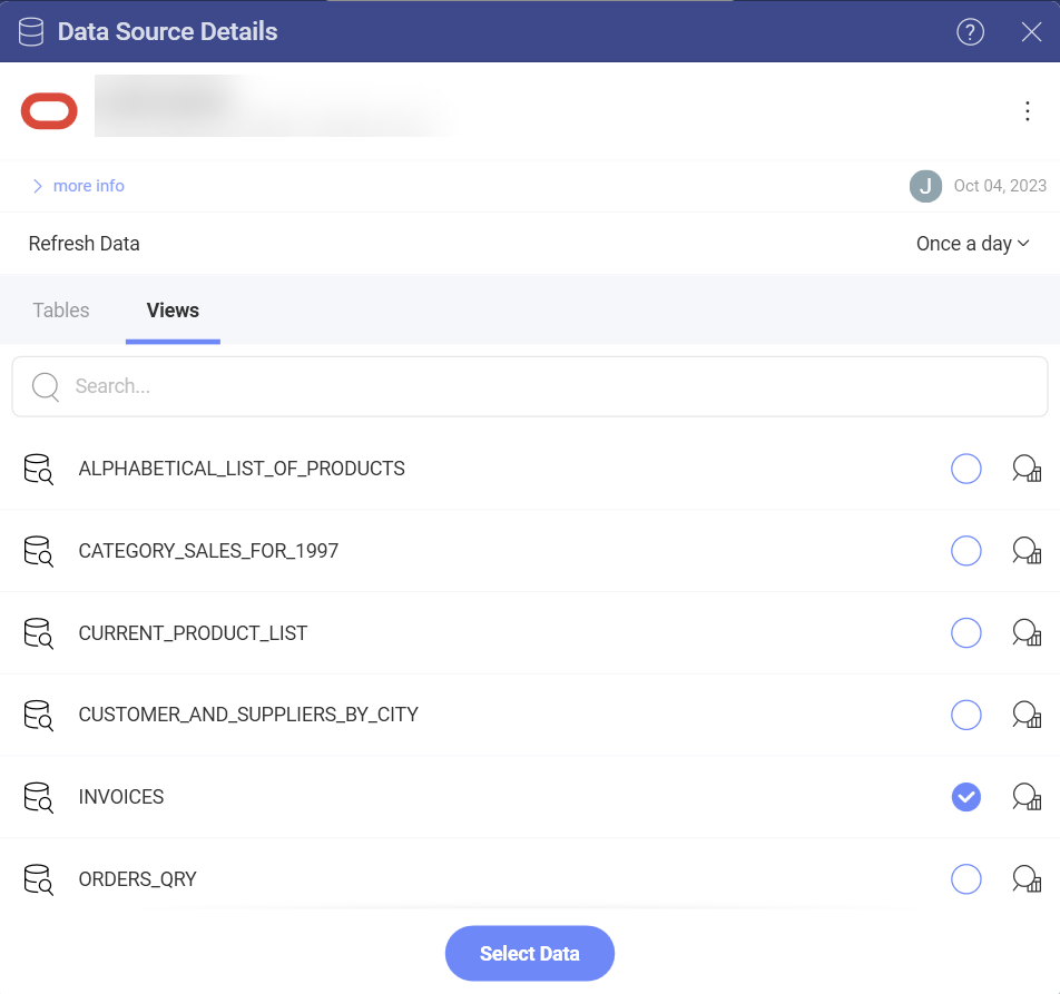 Oracle views dialog