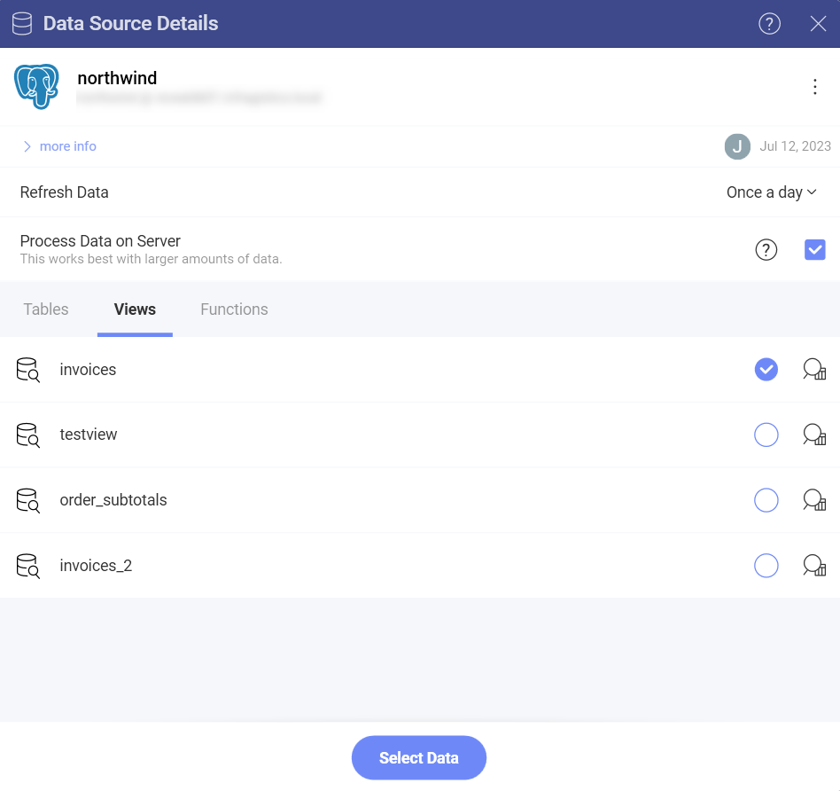 PostgreSQL views dialog