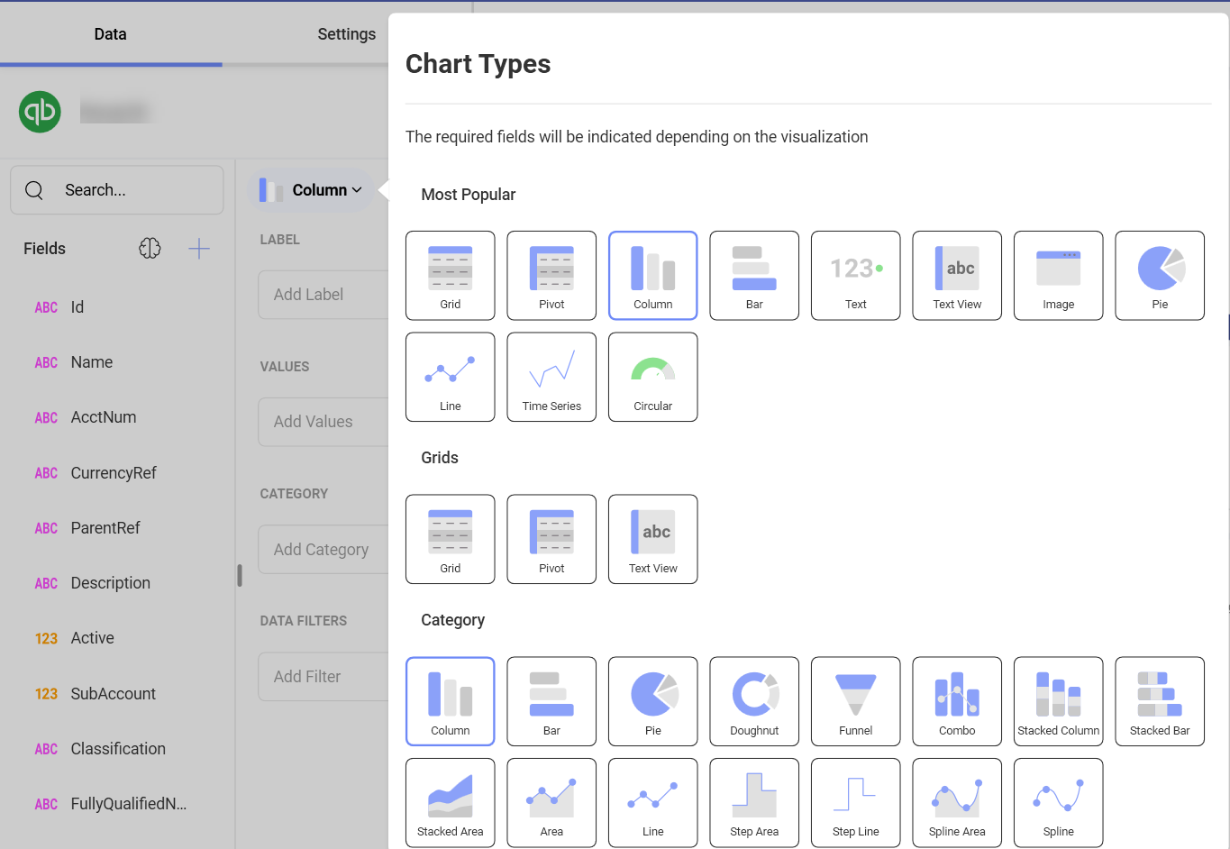 List of chart types for Quickbooks