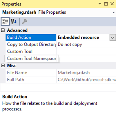 setting build action in marketing.rdash file
properties