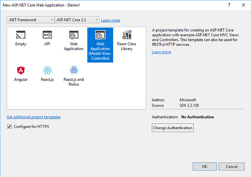 select framework and mvc for project dialog in Visual Studio
2017