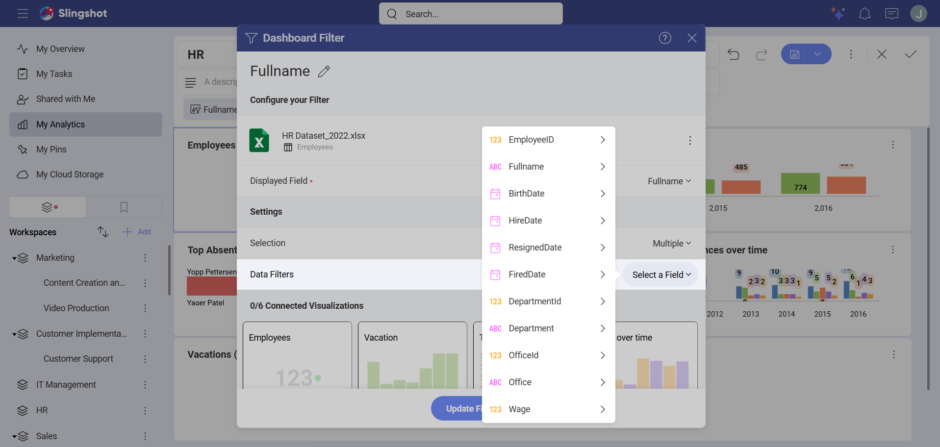 Selecting a field for a data filter in the dashboard filter settings menu