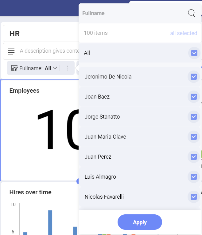 Full name dashboard filter applied to HR Dashboard