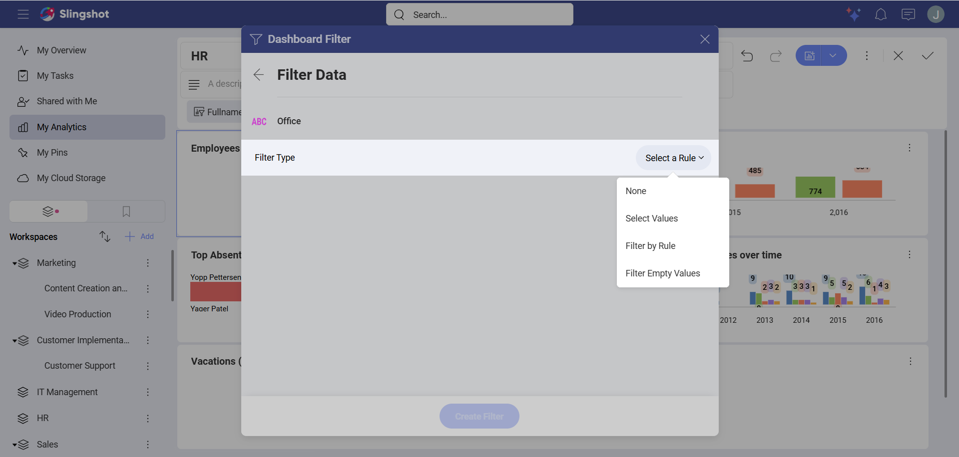 Dashboard Filters Filter type option