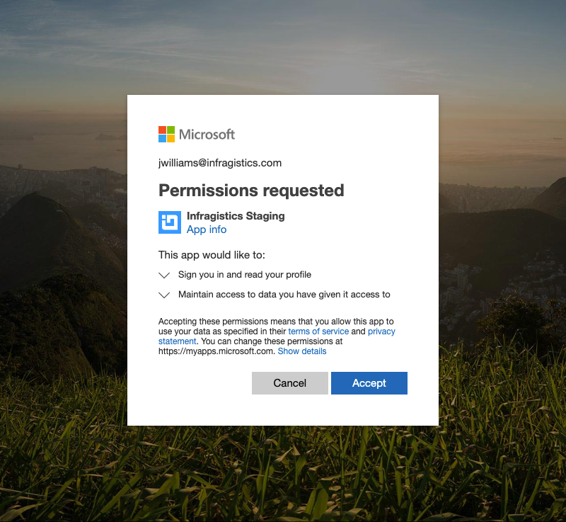Permissions request sign in with Office 365