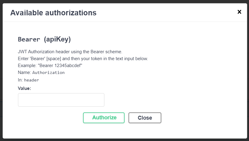Available authorizations dialog where the value can be entered