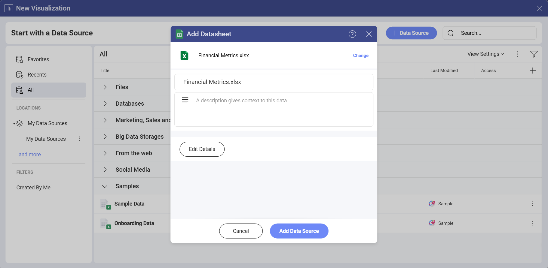 Adding a data sheet dialog showing the advanced info editing button