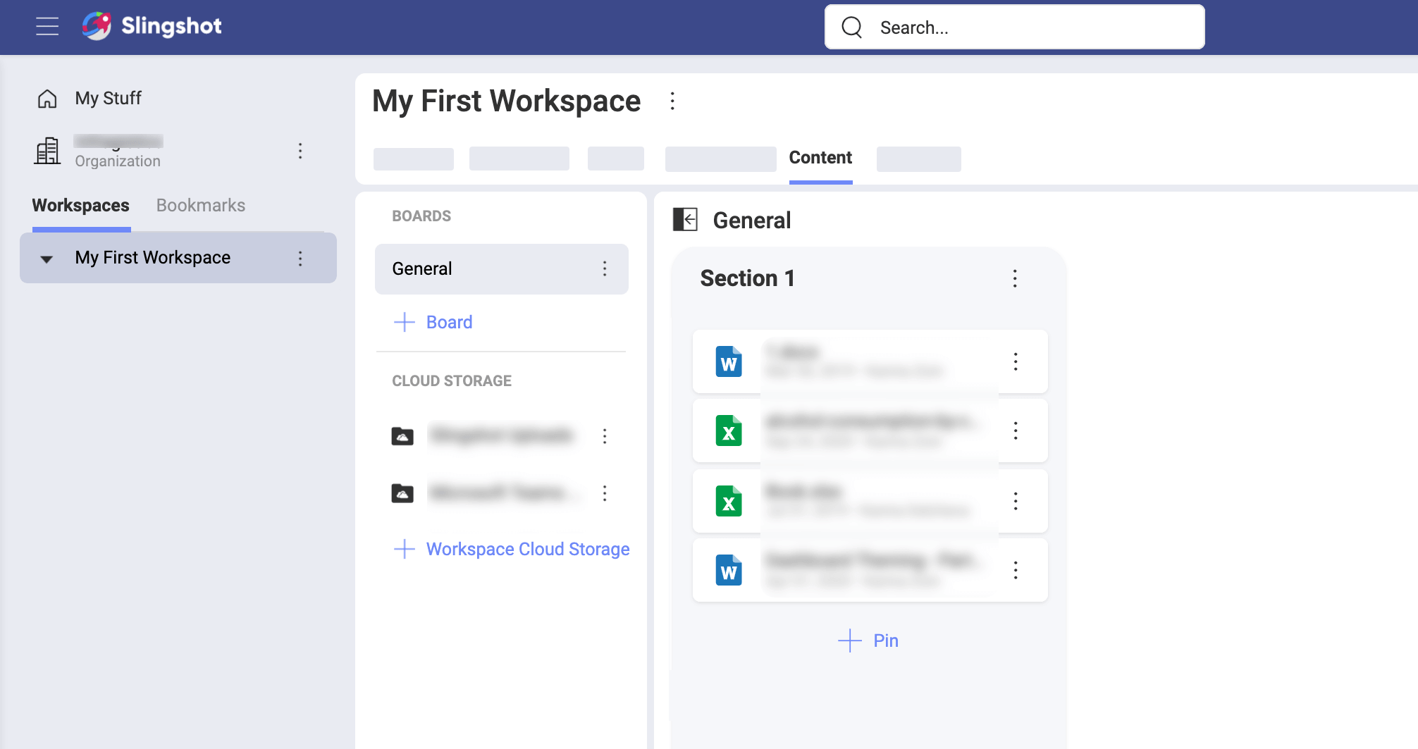 Content sections on a board in Slingshot