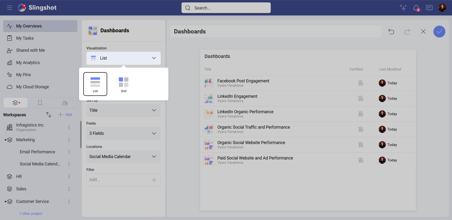 List of available visualizations for dashboards