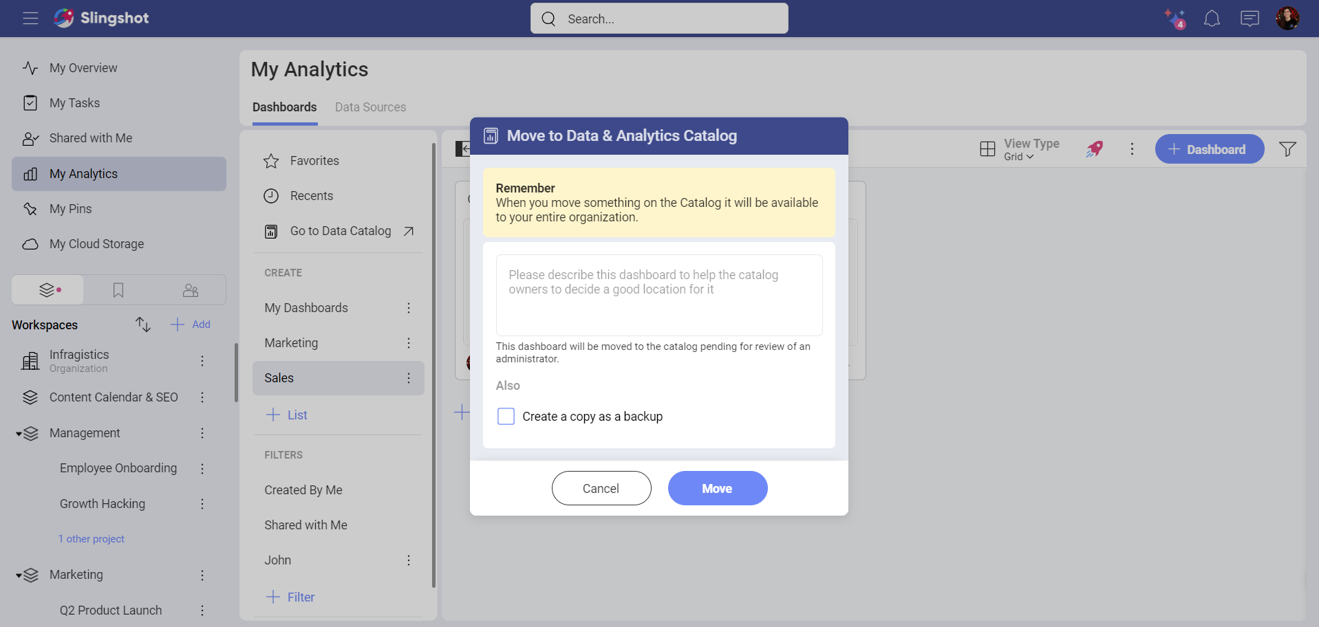 Data Catalog dashboard request within Slingshot