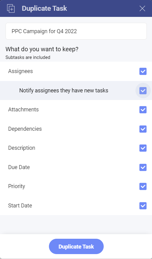 dialog with task duplication filters