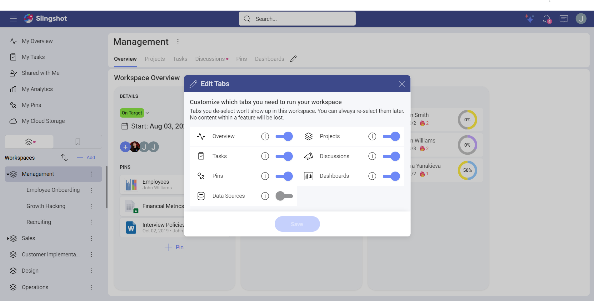 Access a workspace settings within Slingshot