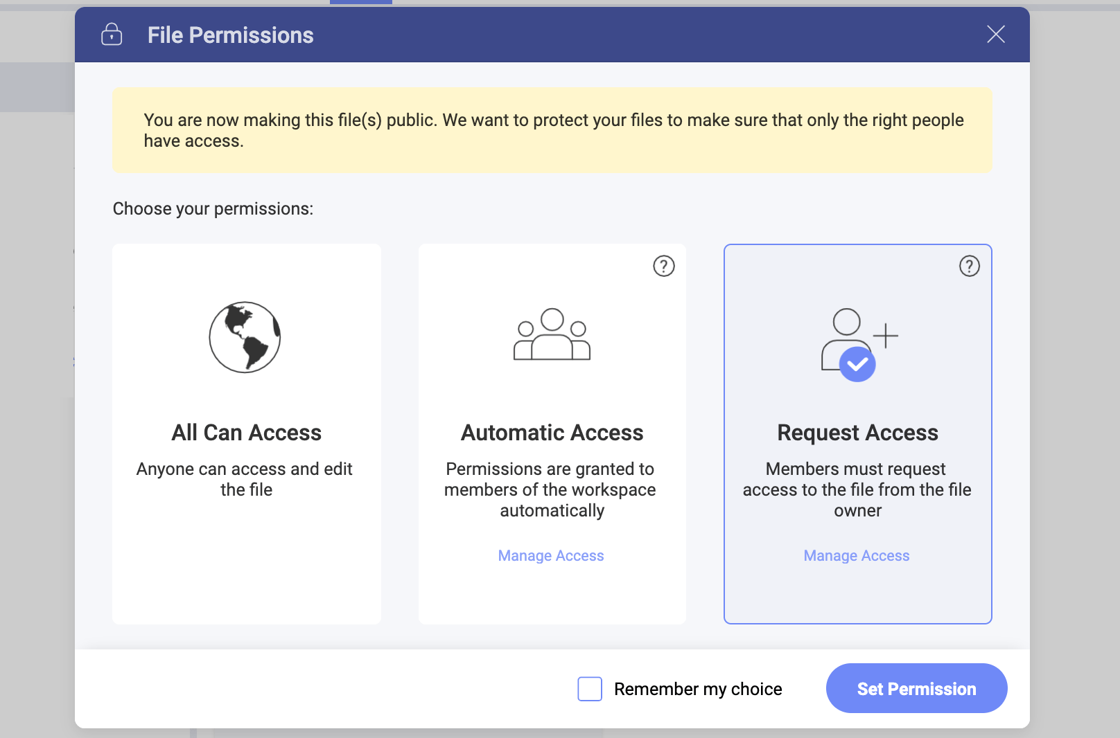 A dialog showing the three file permission types